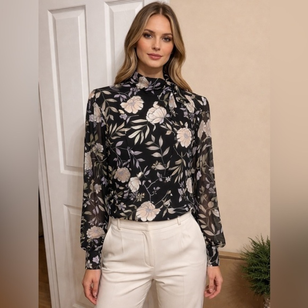 Calvin Klein Elegant Floral Sheer Sleeve Blouse